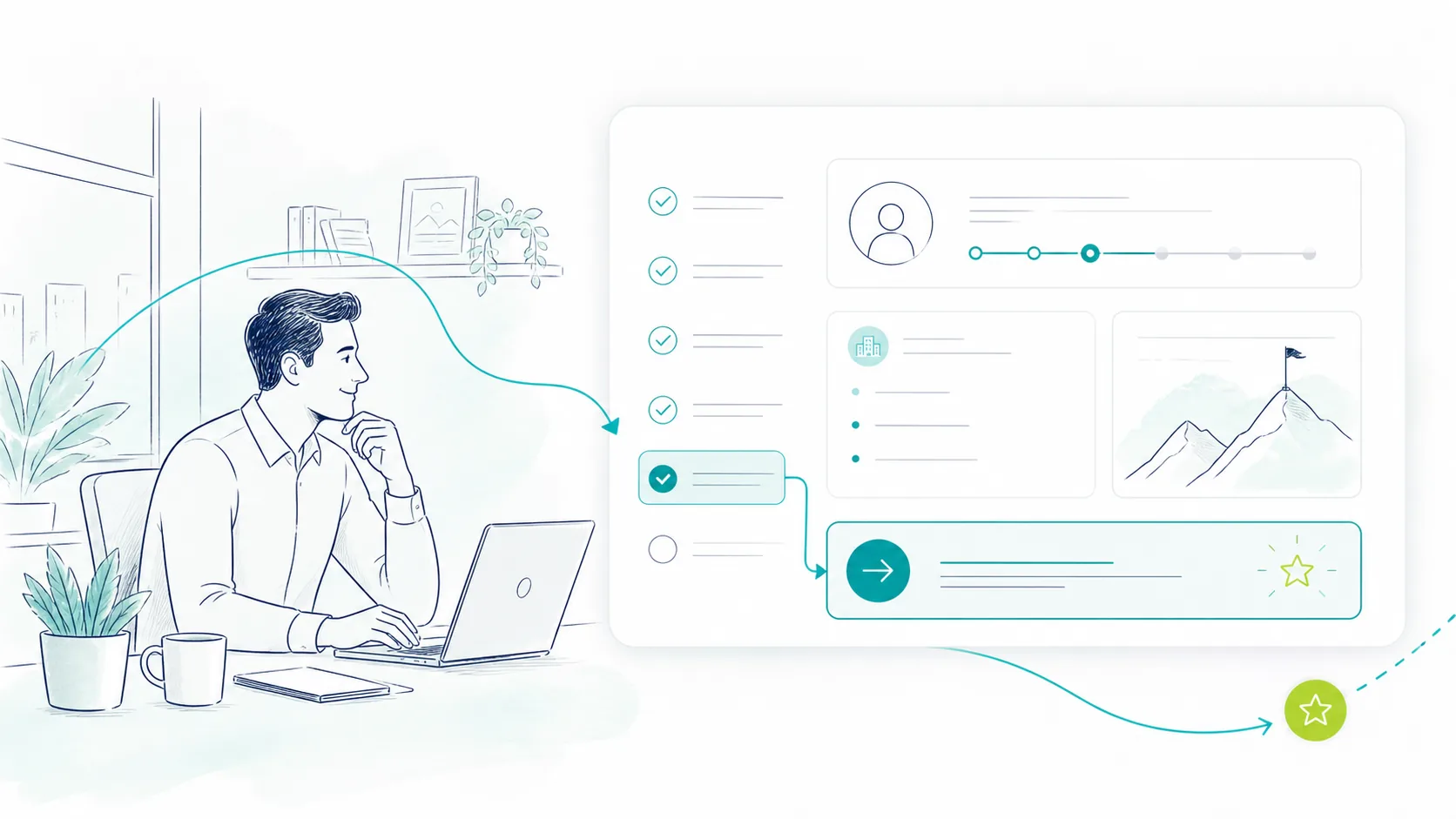 Line illustration of a team being guided through a CRM process